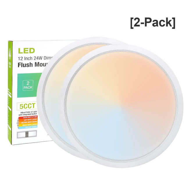 【2-PACK】12'' 24W Flush Mount LED Ceiling Light 5-CCT Selectable -110LM/W -2640Lm -90-130Vac Triac Dimmable - ETL List