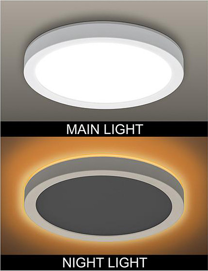 16'' 32W Flush Mount LED Ceiling Light Main Light 5-CCT Selectable Night Light 4W Amber 2000K -110LM/W -90-130Vac Triac Dimmable - ETL List