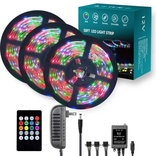 【30 Sets/ Carton】Music Sync Color Changing, Light Dancing 15M(50FT)  (3pcs 5m*8MM) 7.2W/M Driver 50W Light Strip Work with IR Remote Controller