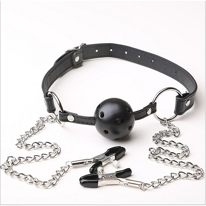 Flirt Games Mouth Gag Ball With Metal Nipple Clamps
