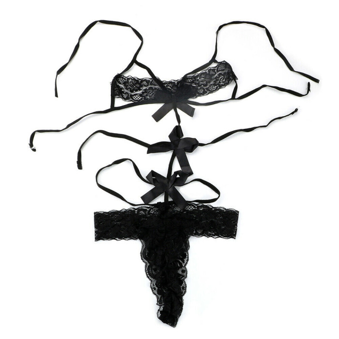 Sexy Lingerie Babydoll G-string Lace Bow Bra&Panty Set