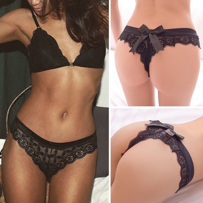 Bow Solid Color Lace Translucent Panties