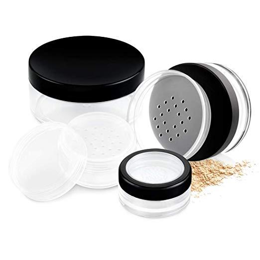 Kalevel 4pcs Empty Loose Powder Makeup Containers 10ml 20ml 30ml 50ml Plastic Powder Puff Case Cosmetic Jars Portable Powder Container Bottle Travel Refillable Face Powder Compact with Sifter Lids
