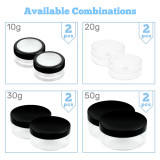 Kalevel 50G 50ml Plastic Empty Powder Case Makeup Container Loose Powder Cosmetic Jars Portable Clear Face Powder Container Reusable Powder Compact with Mesh Sifter and Black Lids (2 Pack)