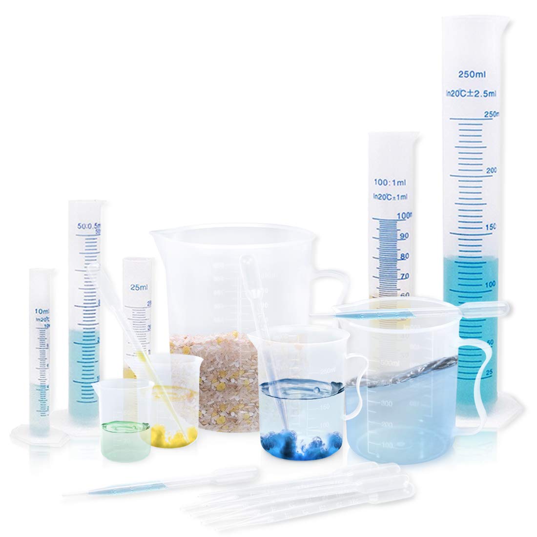 Kalevel 20pcs Plastic Graduated Cylinder Beaker Pipette Set Lab