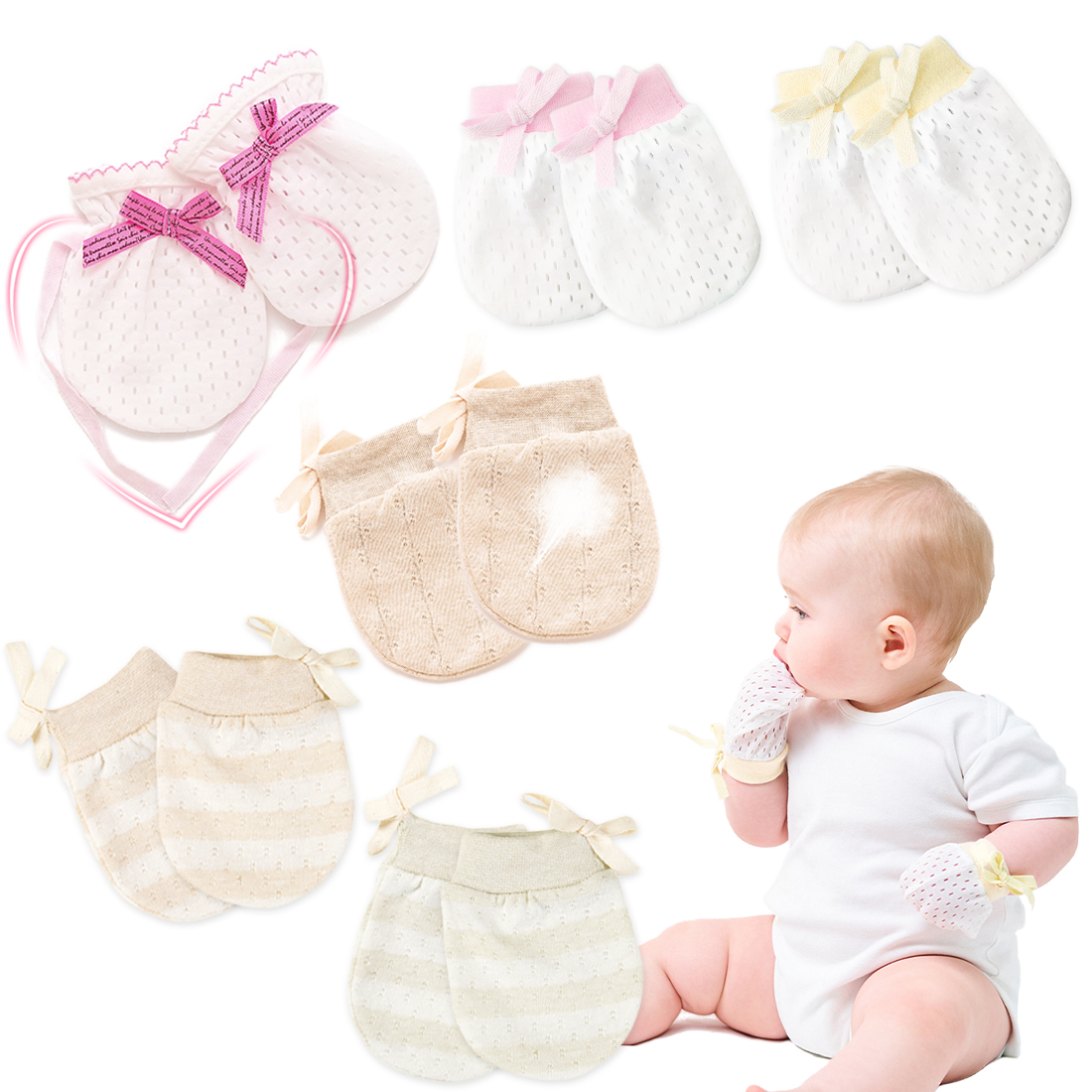 Kalevel 6 Pairs Newborn Girl Mittens Baby No Scratch Gloves 3 Styles
