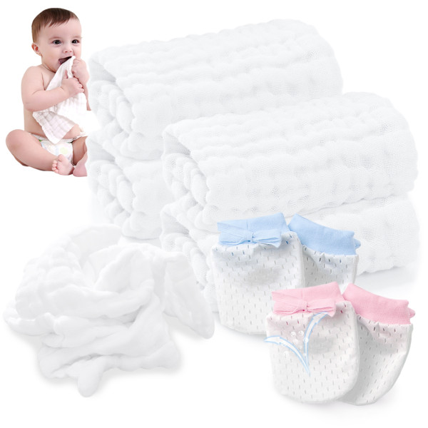 Kalevel 5pcs Baby Muslin Washcloths and Mittens Set Soft Natural Muslin Cotton Burp Cloths Baby Bath Towel Adult 12 x 12 Multicolored5 Pack Newborn No Scratch Gloves for 0-6 Months
