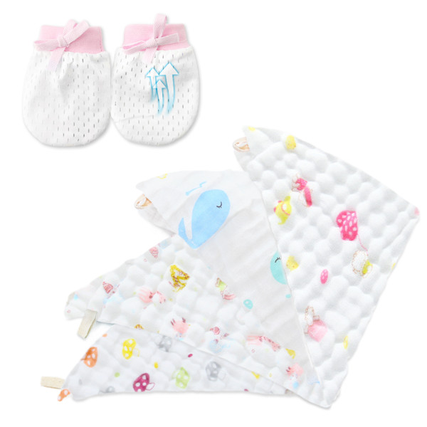 Kalevel 4pcs Baby Muslin Washcloths Towel Burp Cloth Cotton and a Pair of Newborn Baby Mittens Gloves No Scratch with Strings