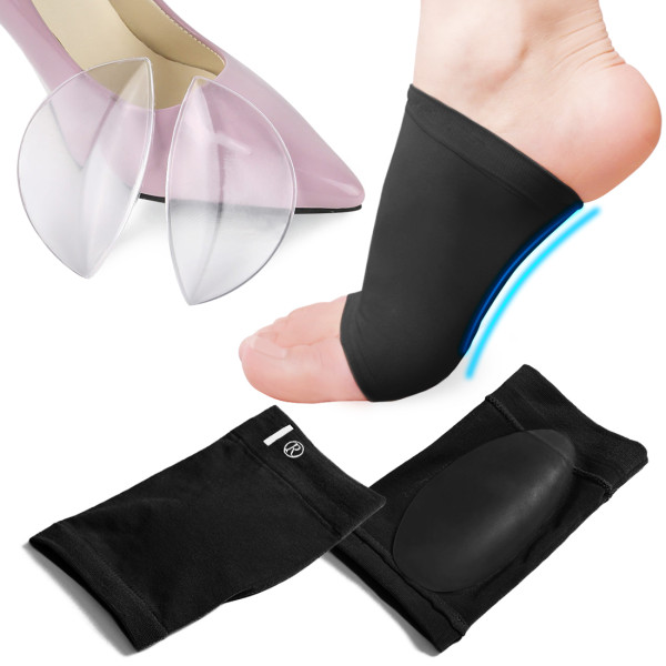 Kalevel 2 Pairs Metatarsal Compression Arch Support Sleeve and Adhesive Gel Arch Support Pads Cushions for Men Women (Black Set)