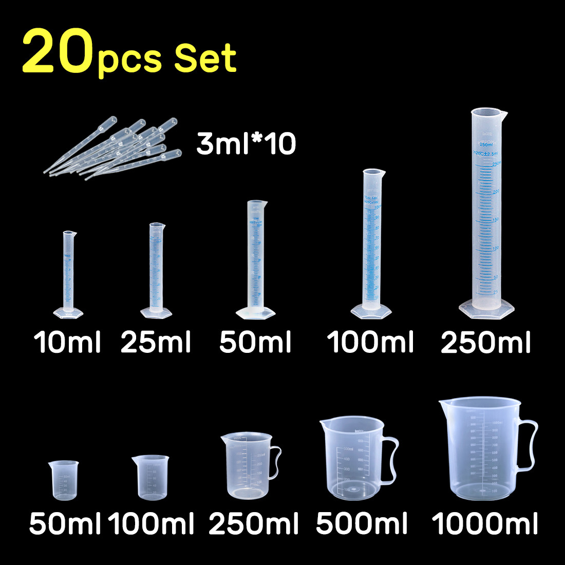 Kalevel 20pcs Plastic Graduated Cylinder Beaker Pipette Set Lab