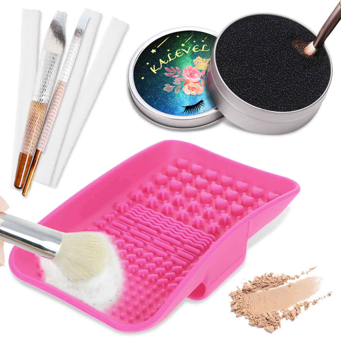 Kalevel Set of 3 Color Removal Sponge Makeup Brush Cleaning Mat Pad and 5pcs Makeup Brush Cover