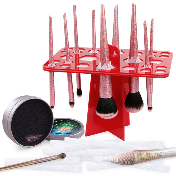 Kalevel 2 Pack Color Remover Sponge Makeup Cosmetic Brush Drying Rack Organizer Holder Tree 26 Holes with Free Brush Sleeve (Red Set)