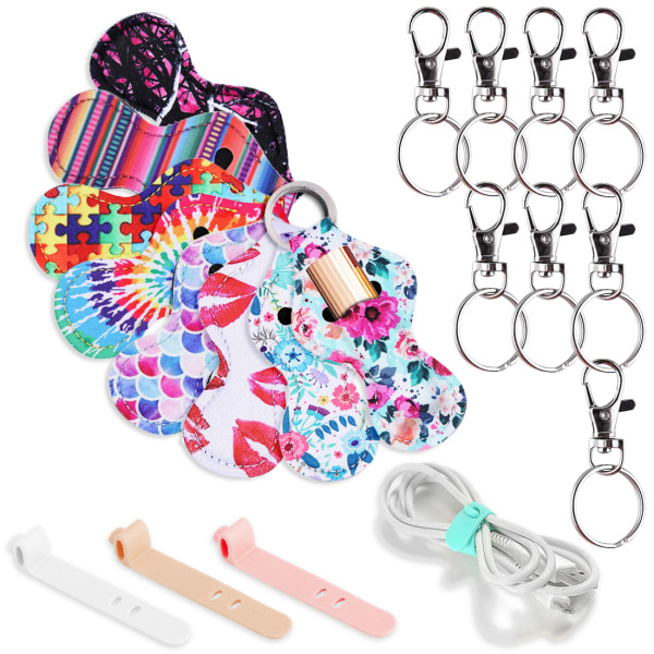 Kalevel 20 Pack Lipstick Holder Keychain Lip Balm Sleeve with Metal Keychain Clip and Silicone Cable Ties (B Set)