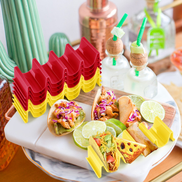 Kalevel Set of 8 Taco Holders Plastic Dishwasher Safe Taco Truck Tray Style for Soft and Hard Tacos Reusable Red and Yellow