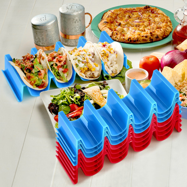 Kalevel Plastic Taco Holder Stand Soft Taco Shell Holder Rack Trays Set of 8 for Kids Party Plates Stackable Red Blue