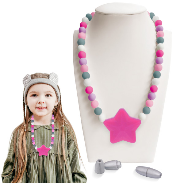 Kalevel Sensory Chew Necklace for Kids Girls Silicone Autism Chewing Beads Necklace Pendants Star with 2pcs Extra Breakaway Clasps (Pink)