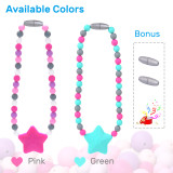 Kalevel Sensory Chew Necklace for Kids Girls Silicone Autism Chewing Beads Necklace Pendants Star with 2pcs Extra Breakaway Clasps (Pink)
