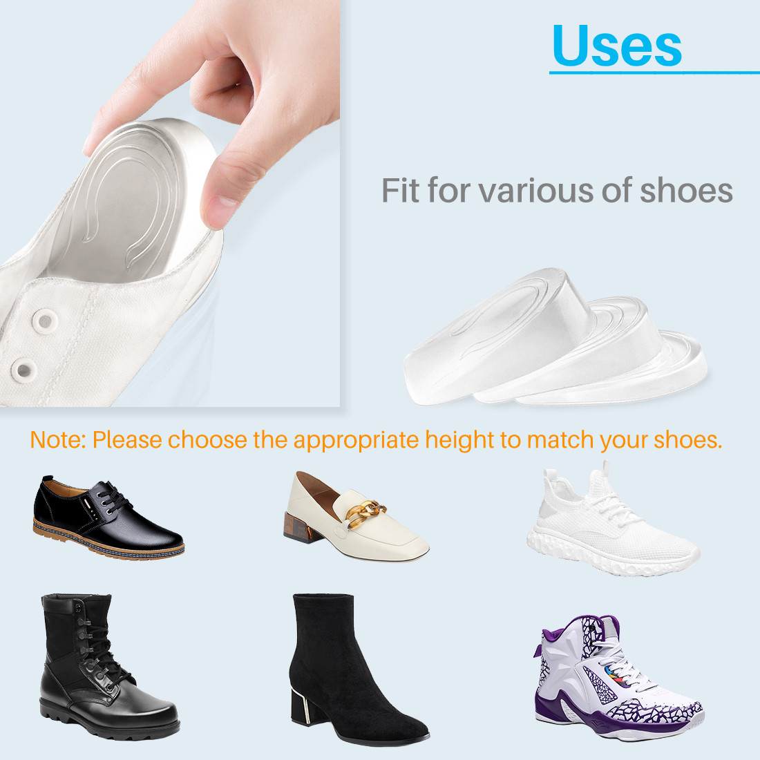 Kalevel 3 Pairs Shoe Height Inserts Increase Insoles Gel Heel Lift Half