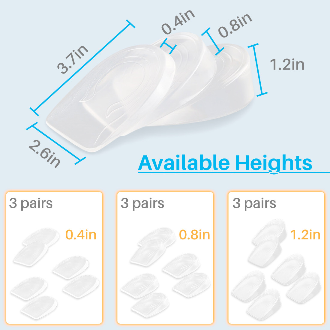 Kalevel 3 Pairs Shoe Height Inserts Increase Insoles Gel Heel Lift Half