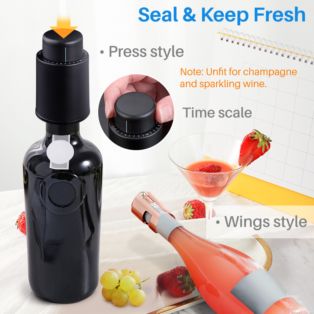 Kalevel 2 Pack Wine Stopper Savers Vacuum Pump Plastic Wine Bottle Stoppers Plug Preserver with