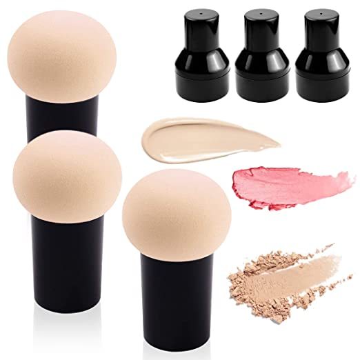 Kalevel Mushroom Makeup Sponge Cosmetic Puff Blender Latex Free Foundation Sponge Applicator with Case and Handle (3 Pack, Skin Color)