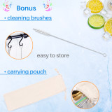 Kalevel 8pcs Drinking Straw Spoon Reusable Stainless Steel Straws with Case and Brush Cleaner for Cocktails Coffee Smoothies (Rainbow)