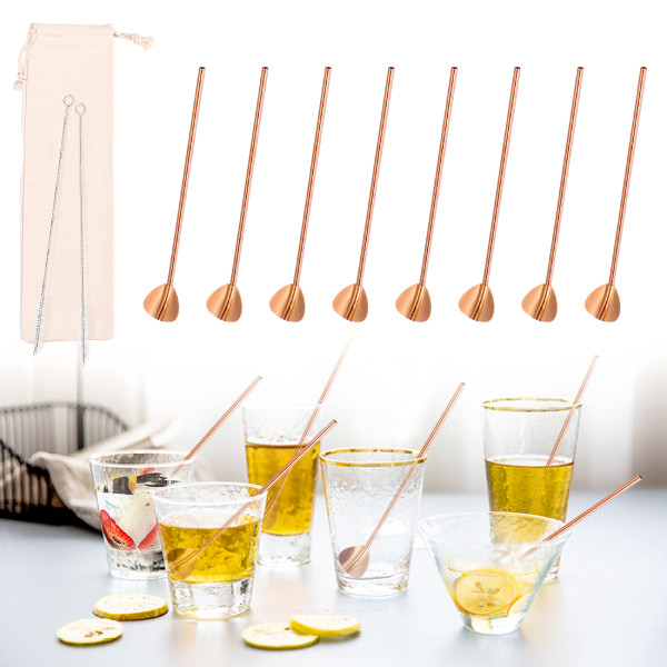 Kalevel 8pcs Reusable Spoon Straws Metal Reusable Straws Stirrer Drinking Stainless Steel 8.9  with Case and Cleaning Brush (Rose Gold)