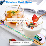 Kalevel Metal Spoon Straw Stainless Steel Straws Stirrer Reusable Set of 8 with Cleaning Brush and Pouch for Coffee Tea Smoothies (Gold)