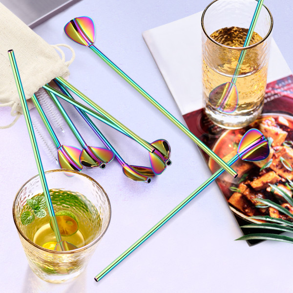 Kalevel 8pcs Drinking Straw Spoon Reusable Stainless Steel Straws with Case and Brush Cleaner for Cocktails Coffee Smoothies (Rainbow)