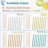 Kalevel 8pcs Stainless Steel Straws Straight 8.5 Inches Heart Metal Drinking Straws Reusable Wide with Case and Brush (Rainbow)