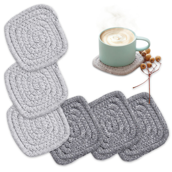 Kalevel 6 Pack Coasters for Drinks Braided Woven Coasters 4.3 Inches Square Cup Cotton Coasters Non Slip Drink Coasters Absorbent (A Set)