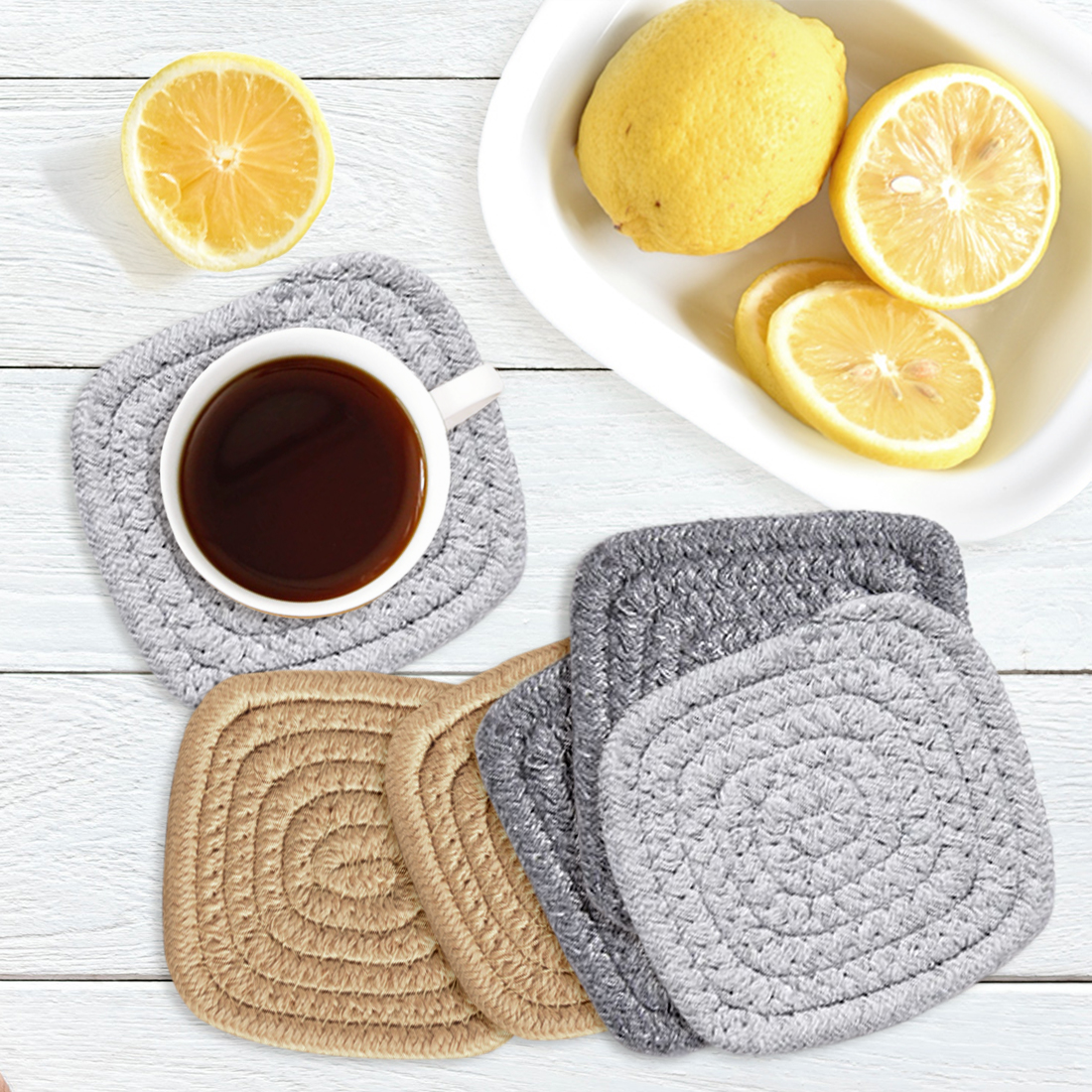 Kalevel 6pcs Absorbent Drink Coasters Braided Cotton Table Coaster Set