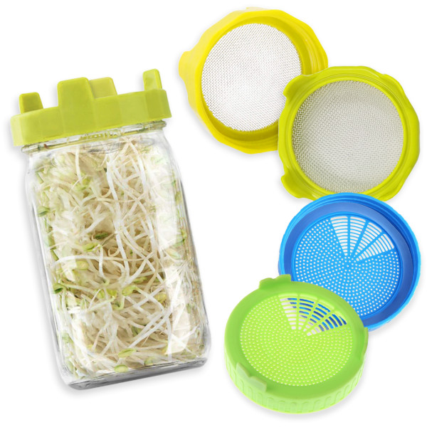Kalevel Set of 4 Sprouting Jar Lids Plastic Bean Seed Sprout Lids Strainer Fit for Mason Canning Jars Multiple Colors