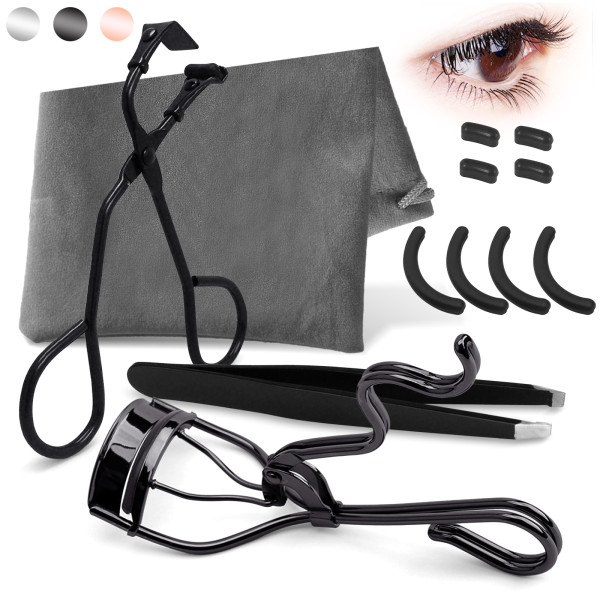 Kalevel Eyelash Curler 3 in 1 Mini Eyelash Curler Silicone Refill Pads Eyebrow Tweezers for All Eye Shapes Black