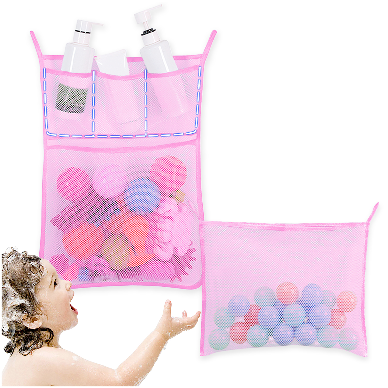 Kalevel Mesh Bath Toy Organizer Bathroom Shower Toy Storage Mesh Net with Adhesive Hooks for