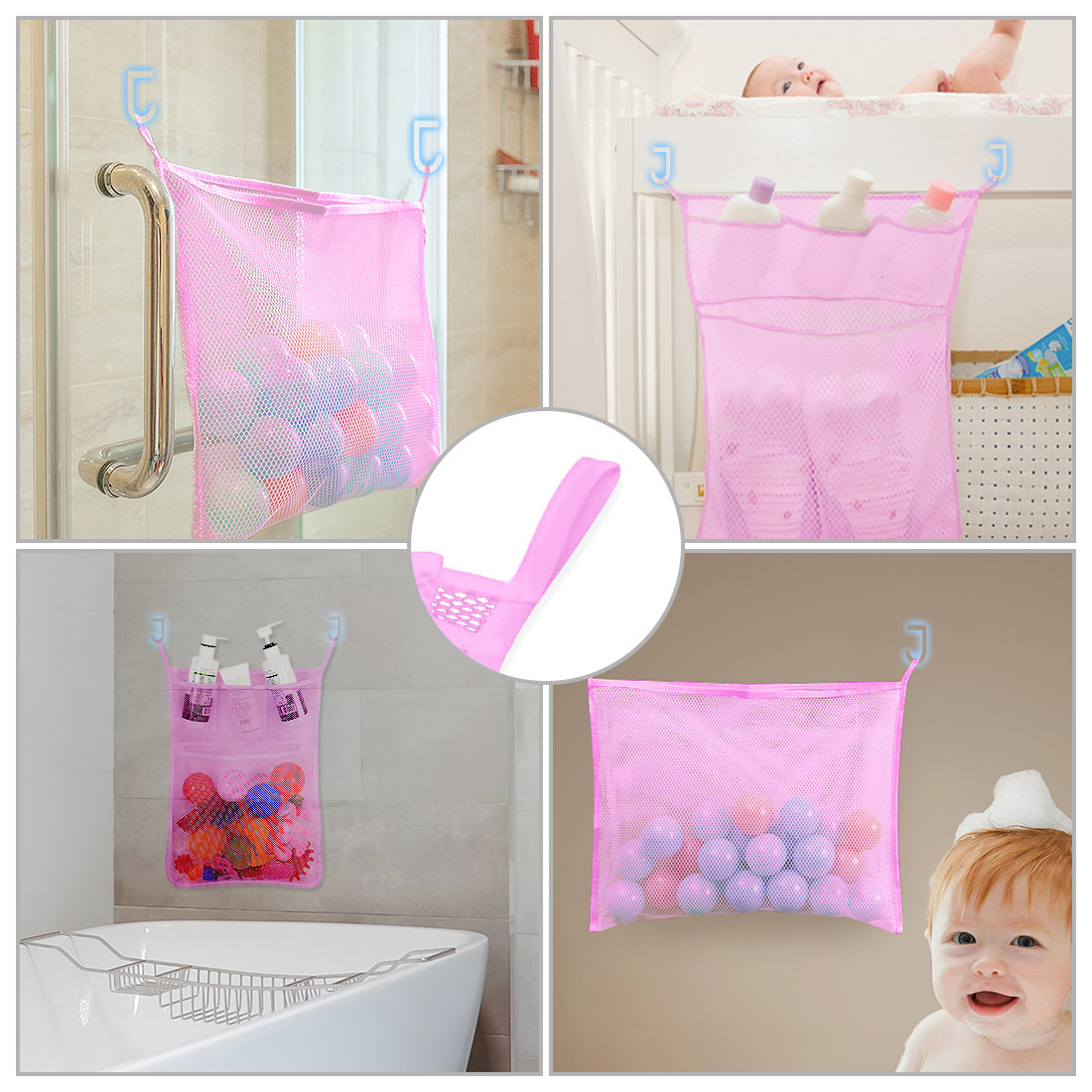 Kalevel Mesh Bath Toy Organizer Bathroom Shower Toy Storage Mesh Net with Adhesive Hooks for