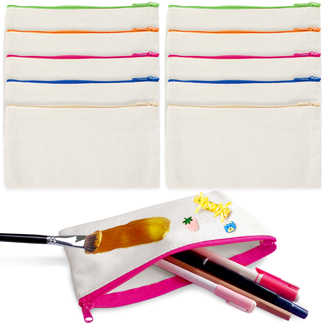 Kalevel 10 Pack Cosmetic Bag Blank Canvas Pencil Pouch Case