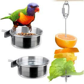 Kalevel 2pcs Bird Feeder Bowl Feeding Coop Cup Stainless Steel Parrot Cage Food Water Dish with Bird Fruit Holder Veggie Skewer