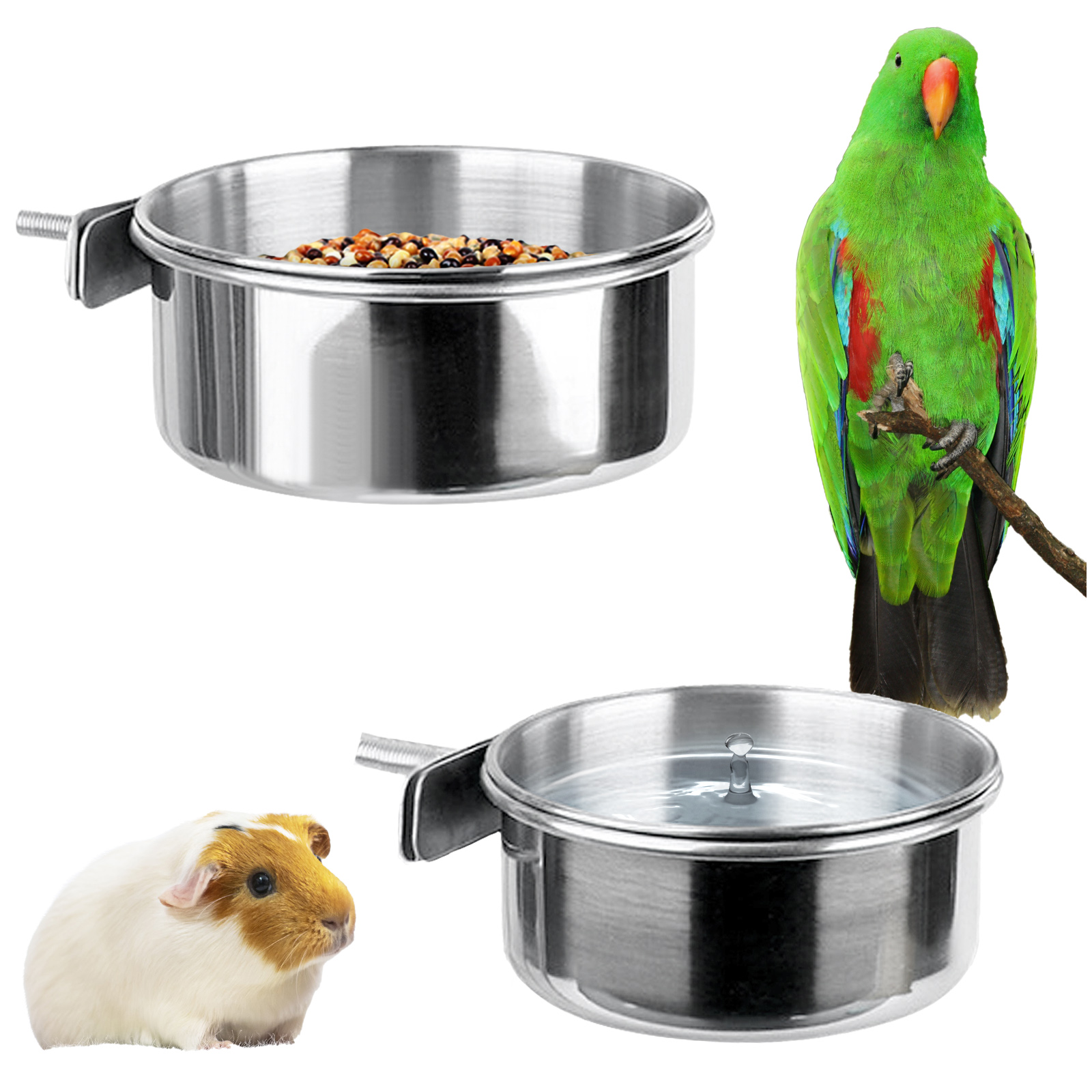 Kalevel 2 Sizes Bird Feeding Dish Cups Stainless Steel Parrot Food