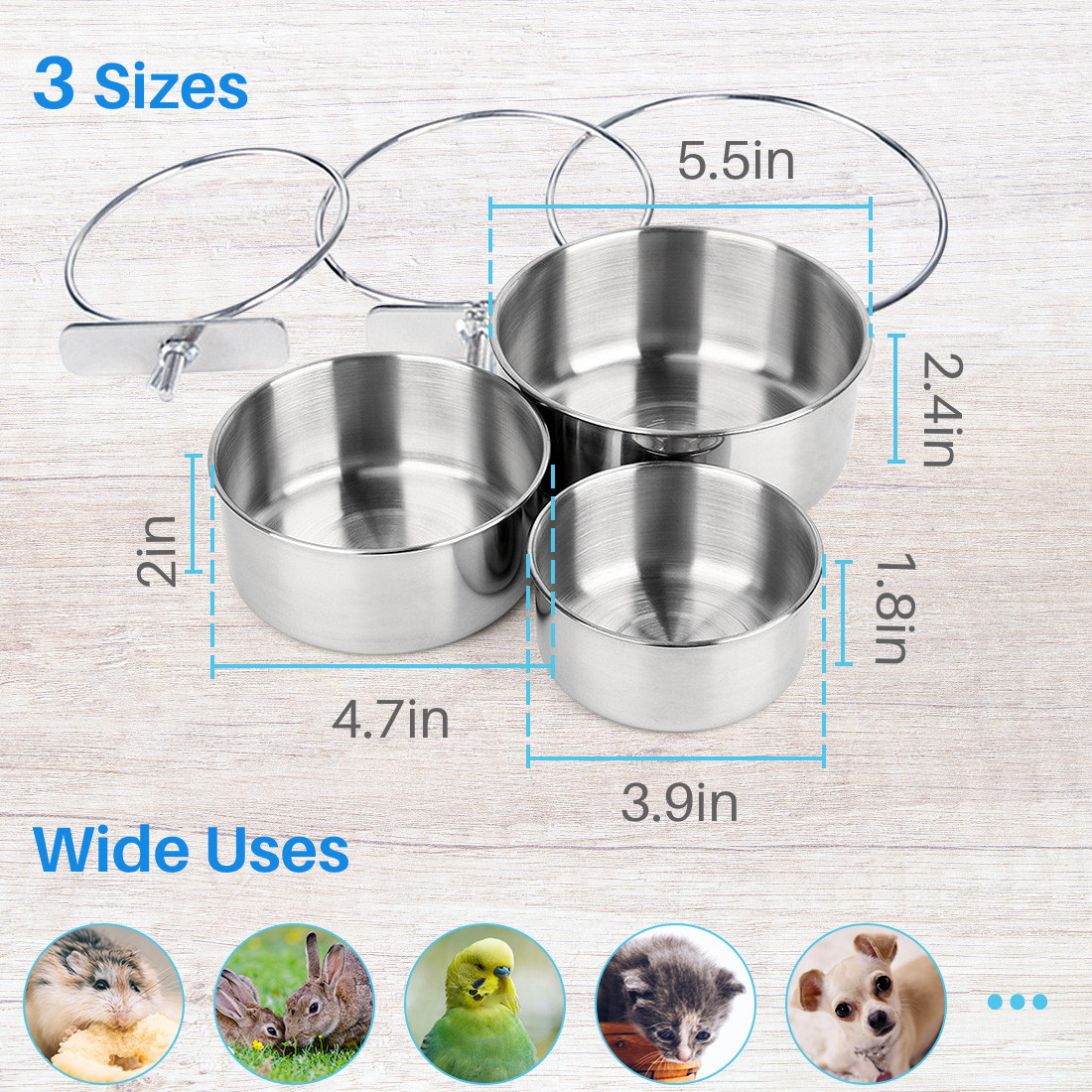 Kalevel 3 Sizes Bird Food Dish Stainless Steel Parrot Bowl Feeder Cage