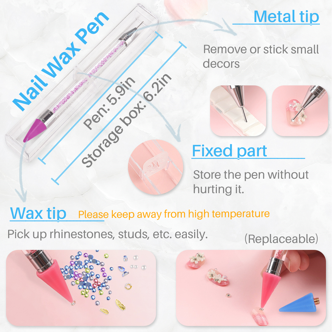 Nail Rhinestone Picker Dotting Tool, 3pcs Nail Art Brushes for Painting  with Different Size, Dual-ended Wax Pen DIY Nail Art Tool With Pink Acrylic