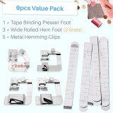Kalevel Wide Rolled Hem Sewing Machine Presser Foot 3 Sizes with Adjustable Bias Tape Binding Foot and 5pcs Stainless Steel Hemming Clips