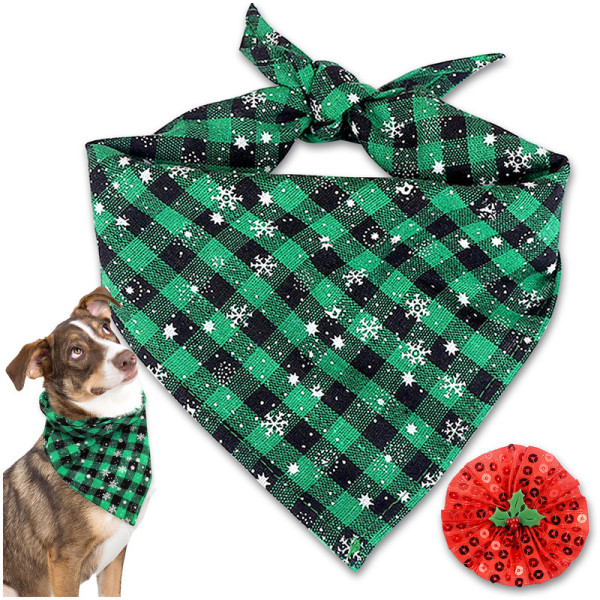 Kalevel Buffalo Plaid Dog Bandana Christmas Pet Scarves for Dogs with Snowflake Ornament Small Medium Large and Dog Collar Flower
