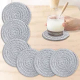 Kalevel Coasters for Drinks Braided Cup Mat Pad Absorbent Coaster Set of 6 Round Cotton Drink Coasters 4.3 Inches Non Slip Coasters