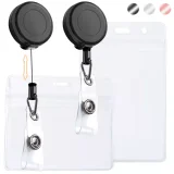 Kalevel 2pcs 1.1in Small Retractable Badge Holder Clip Clear Plastic ID Card Holder Vertical Horizontal with 2pcs Clip