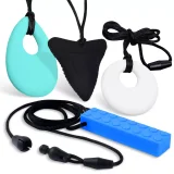 Kalevel 4 Pack Chewing Necklace Oral Sensory Shark Style Silicone Brick Necklaces Silicone Anxiety Autism ADHD Chew Teething Toys for Kids Adults