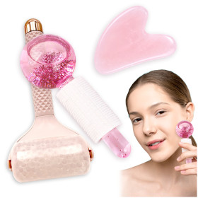 Kalevel 3 Pcs Ice Roller Facial Skincare Ice Roller Massager and Gua Sha Board and Beauty Glitter Ice Globe Set for Face Tightening Wrinkles