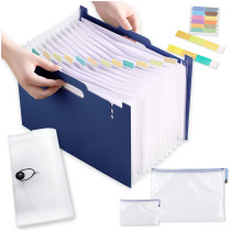 Kalevel 4 Pcs Accordian File Folder Plastic Document Holder Letter Size Portable Receipt Organizer with Translucent Zipper Pouch Set for School