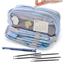 Kalevel 7 Pcs Big Capacity Pencil Case Canvas Stationary Pouch Portable Cosmetic Bag Organizer with Erasable Gel Pen Set for Kindergarten