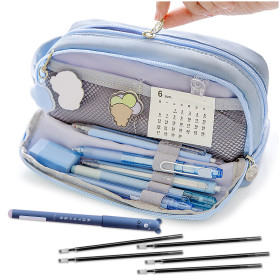 Kalevel 7 Pcs Big Capacity Pencil Case Canvas Stationary Pouch Portable Cosmetic Bag Organizer with Erasable Gel Pen Set for Kindergarten